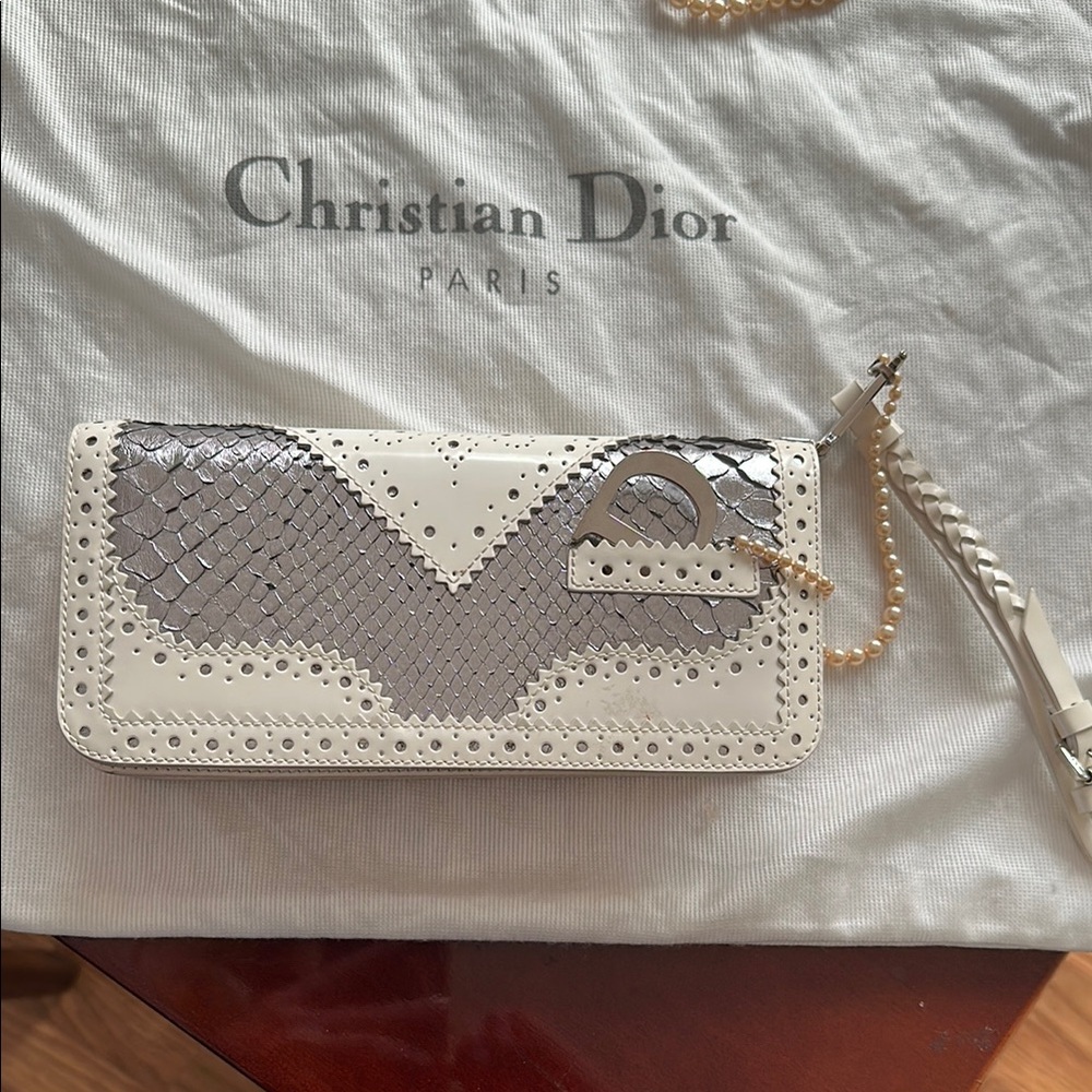 Dior Silver Cream Clutch with Modern Elegance